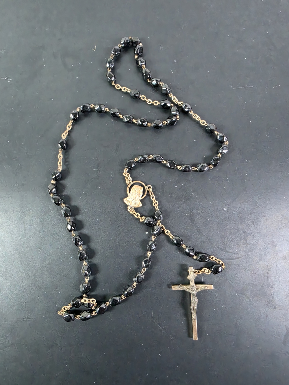 Black Glass Bead Rosary Necklace with Gold-Tone Crucifix